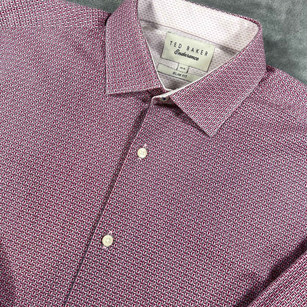 Ted Baker Endurance Mens 15.5 Slim Fit Red Geometric Cotton Dress Shirt PORSH